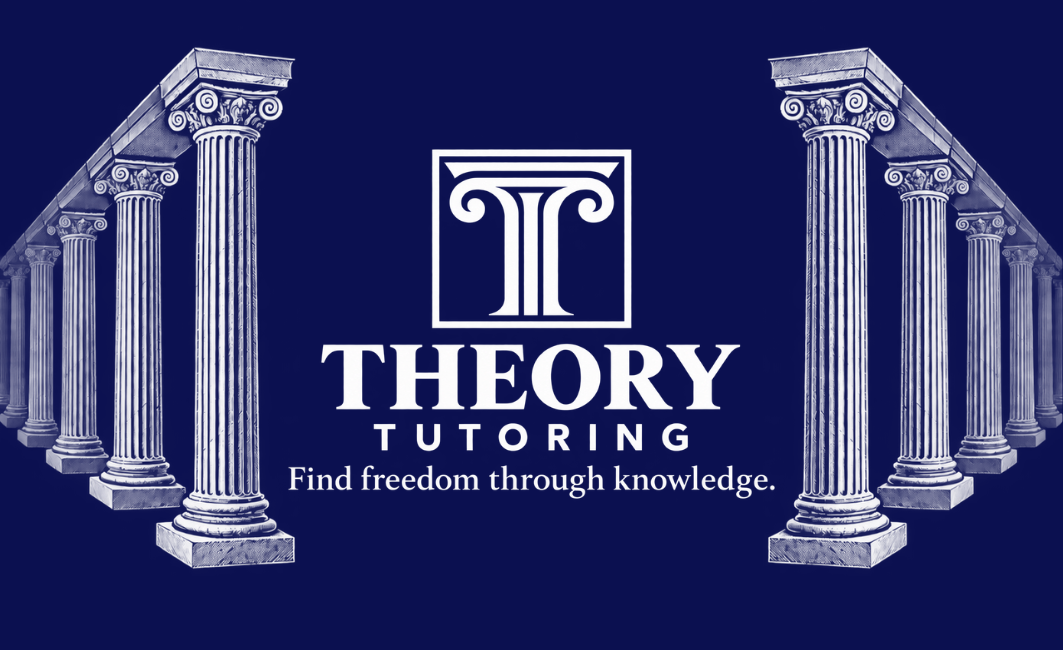 Theory Tutoring — Find freedom through knowledge, framed by classical Greek columns